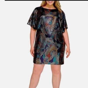 Vince Camuto Multi-Color Printed Disco Dotted Sequin Boat Neck Dress NWT
